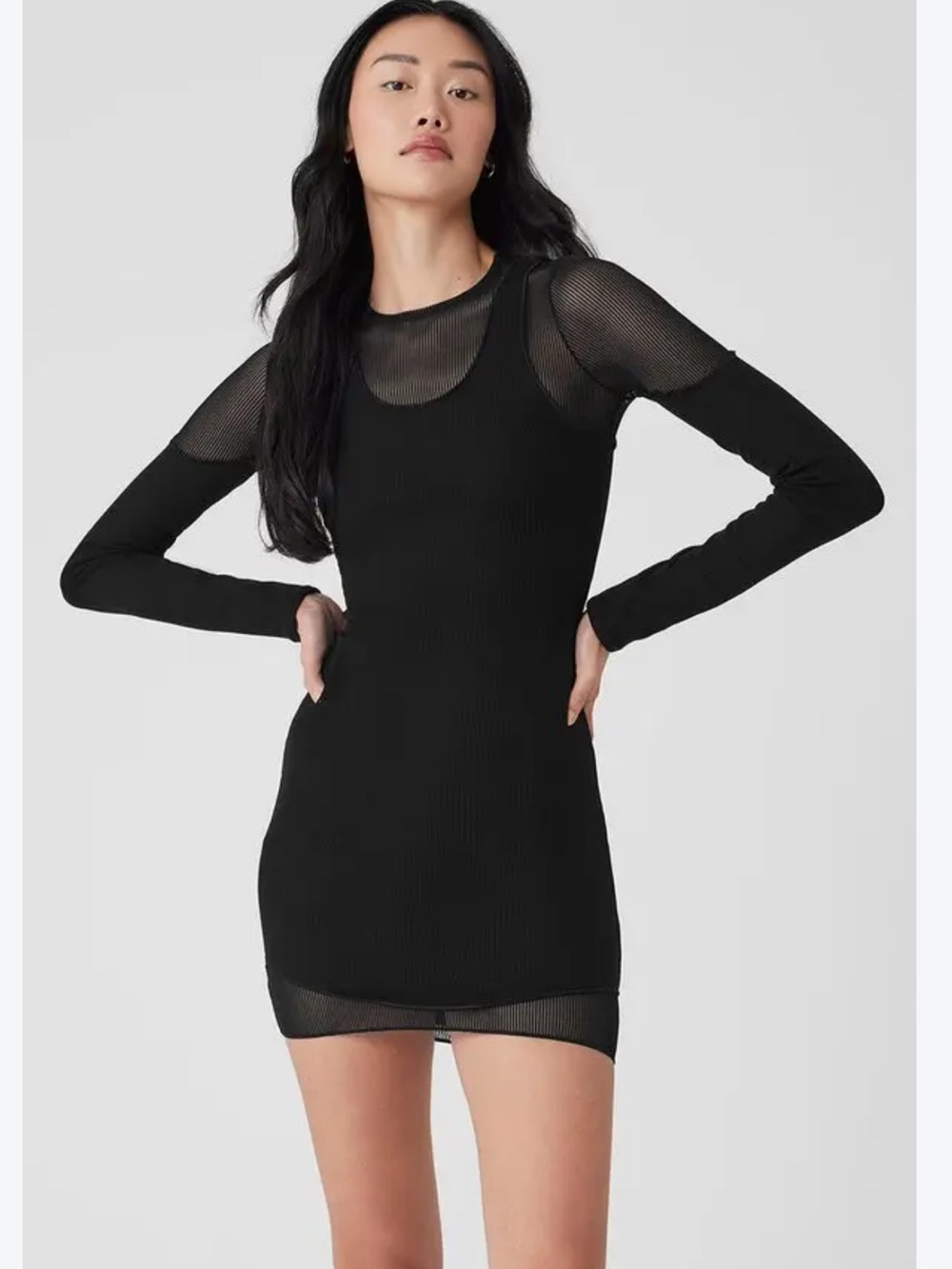 NWOT ALO Yoga Striped Mesh Synergy Long Sleeve Mini Dress Black size L
